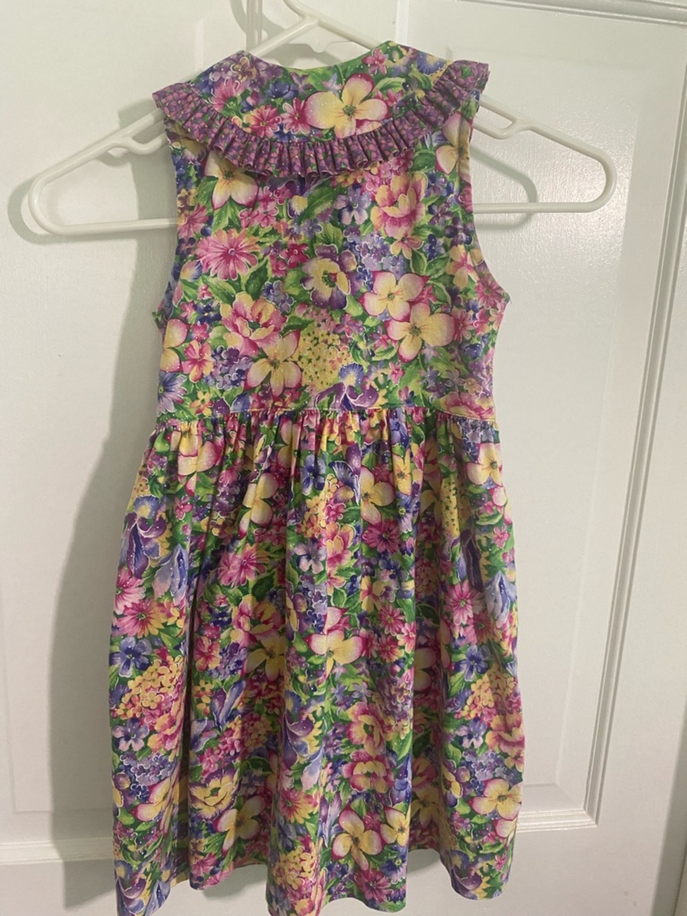 Girls Sleeveless Floral Ruffle Dress - Purple & Yellow